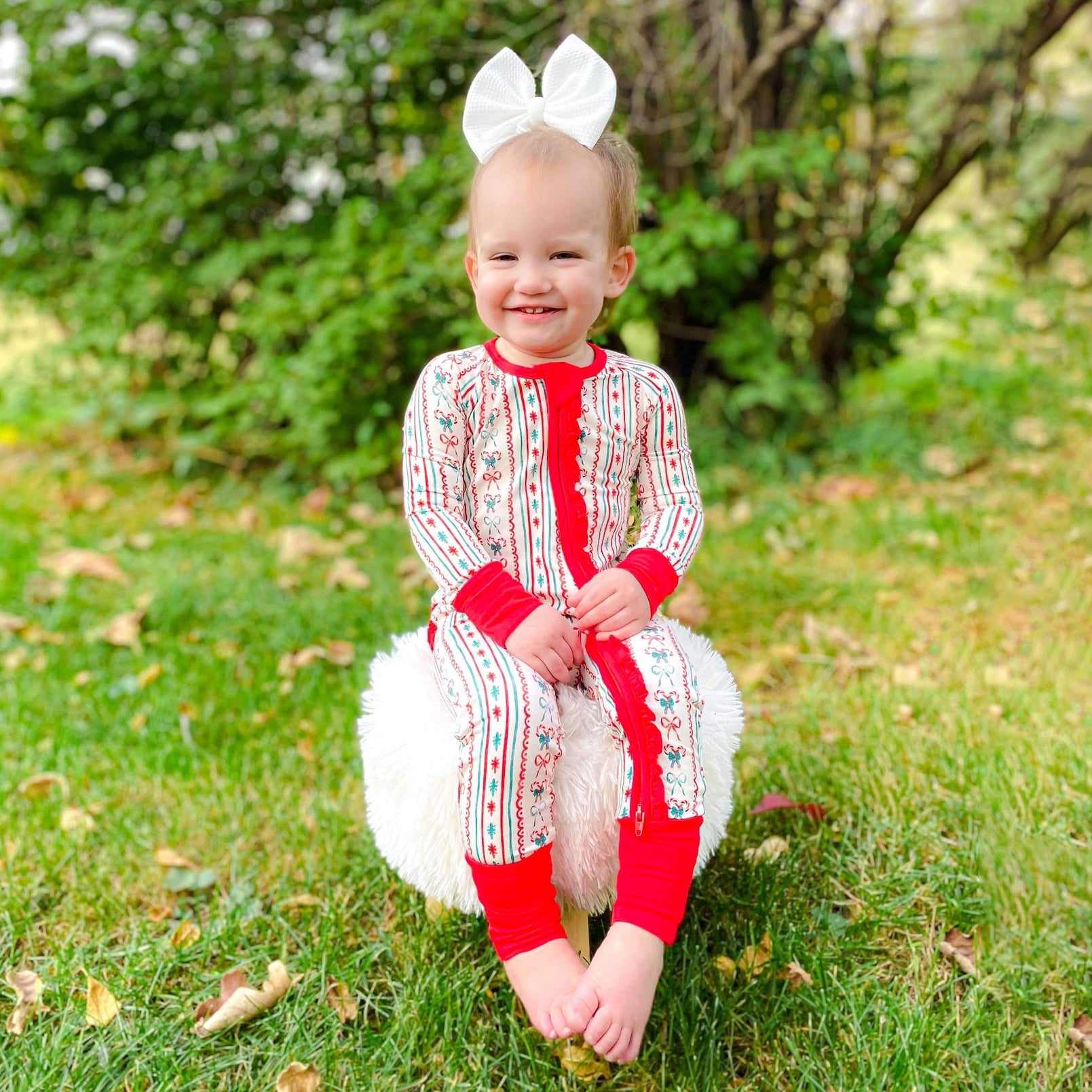 Christmas Tree Branches Bow Printed Ruffles Zipper Baby Jumpsuit