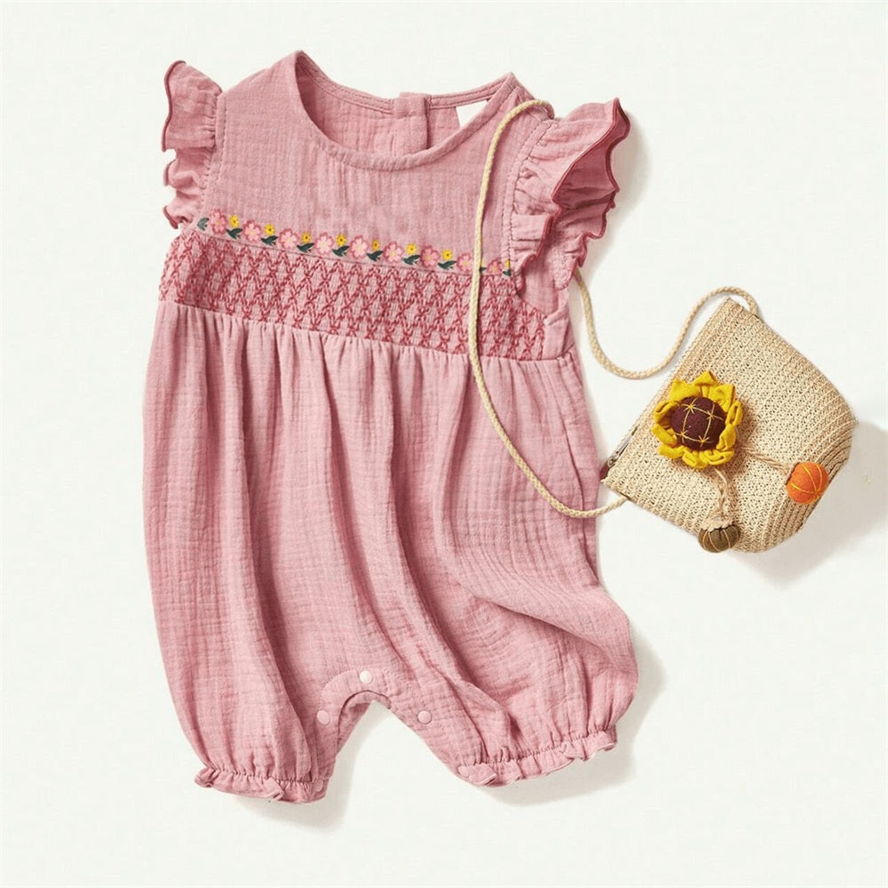 2PCS Cute Floral Embroidery Flutter Sleeve Baby Jumpsuit