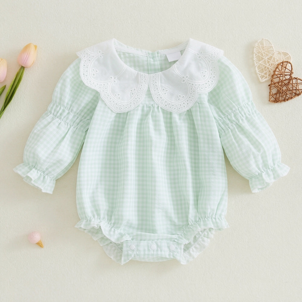 2PCS Baby Girl Plaid Printed Lace Collar Long Sleeve Romper