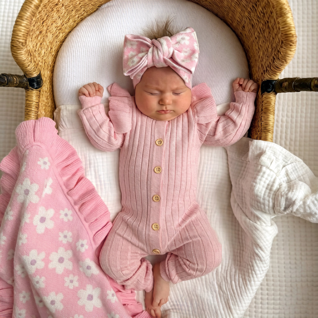 Comfy Solid Color Knit Rib Long Sleeve Baby Jumpsuit