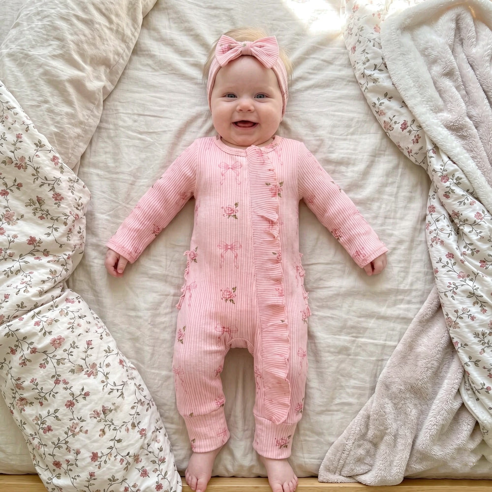 2PCS Comfy Bow Floral Printed Ruffle Zipper Long Sleeve Baby Jumpsuit