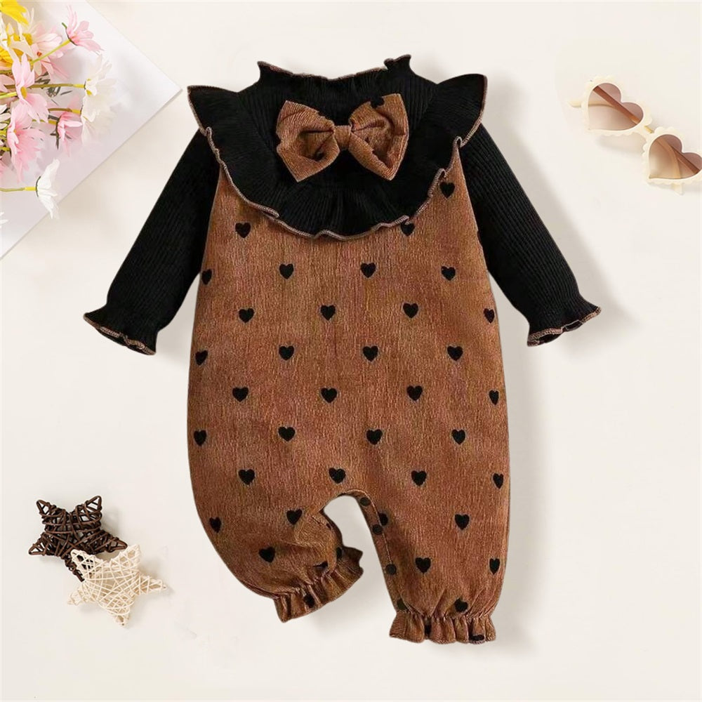 Heart Print Ruffle Trim Long Sleeve Patchwork Baby Jumpsuit
