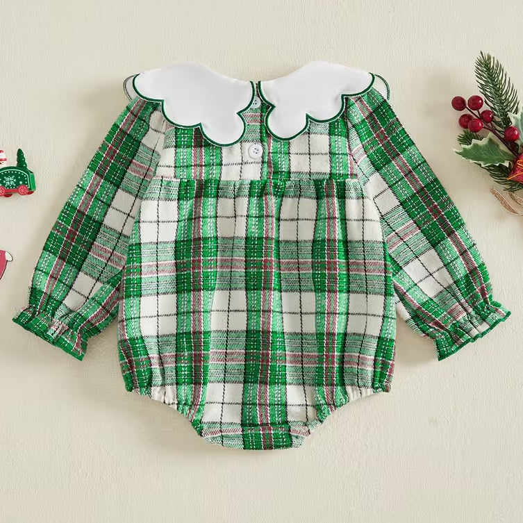 Lovely Plaid Printed Bow Long Sleeve Baby Christmas Romper