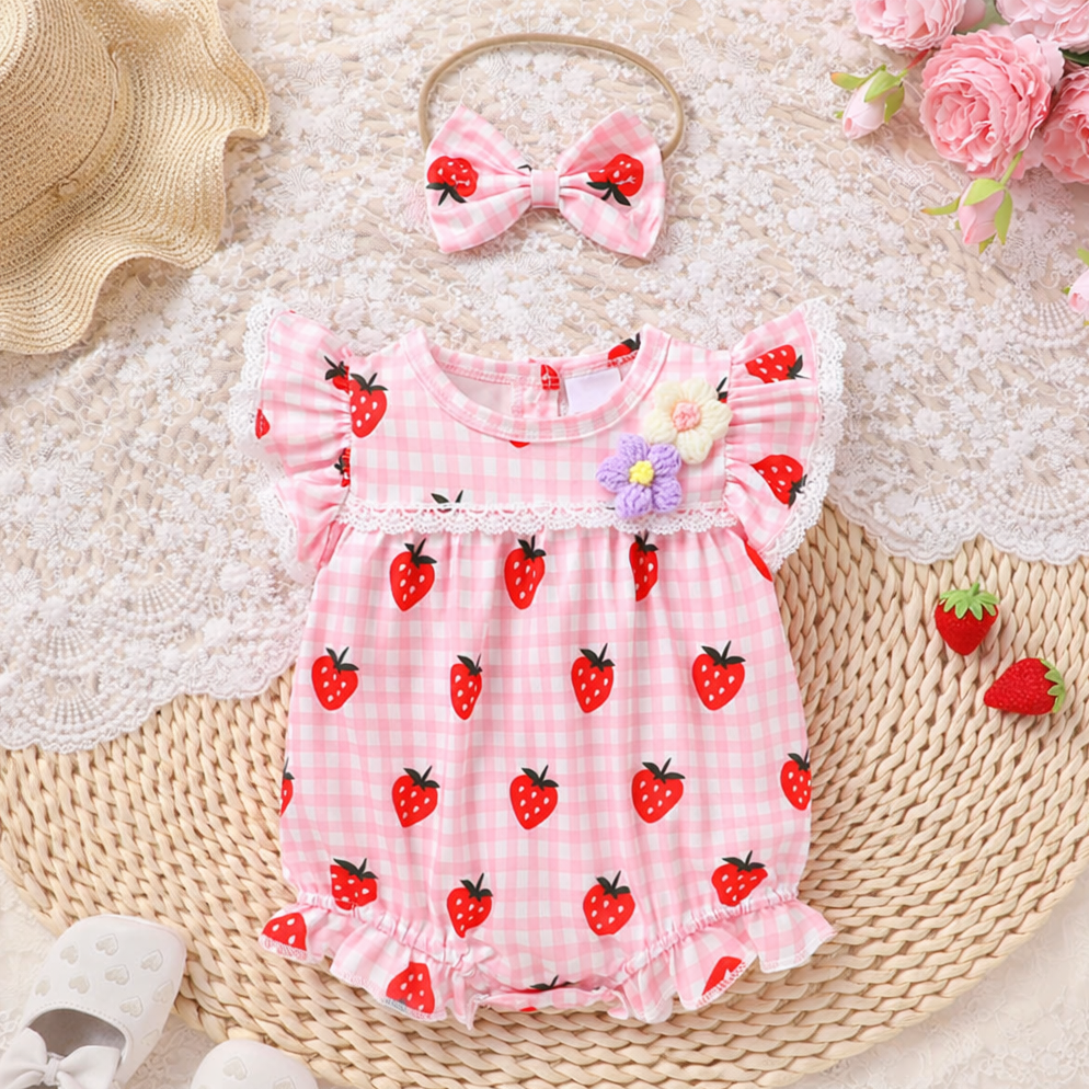 2PCS Strawberry Plaid Print Floral Appliqué Baby Romper