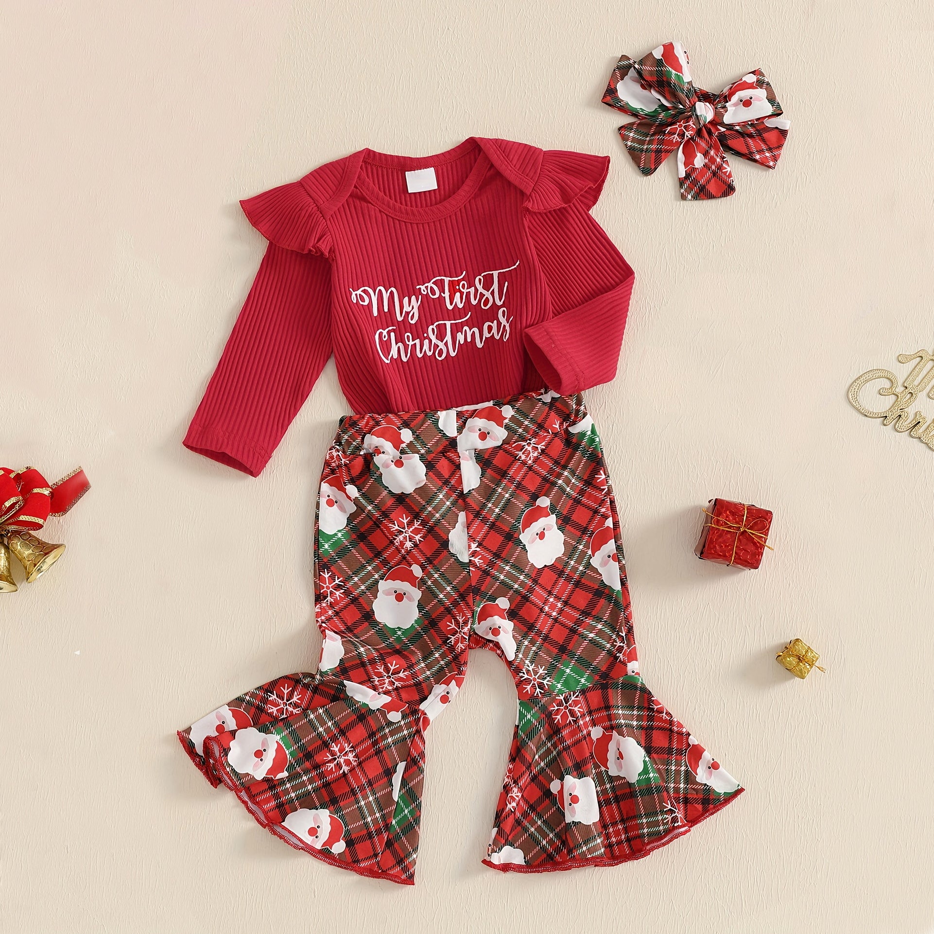 3PCS My First Christmas Letter Santa Claus Plaid Printed Baby Set