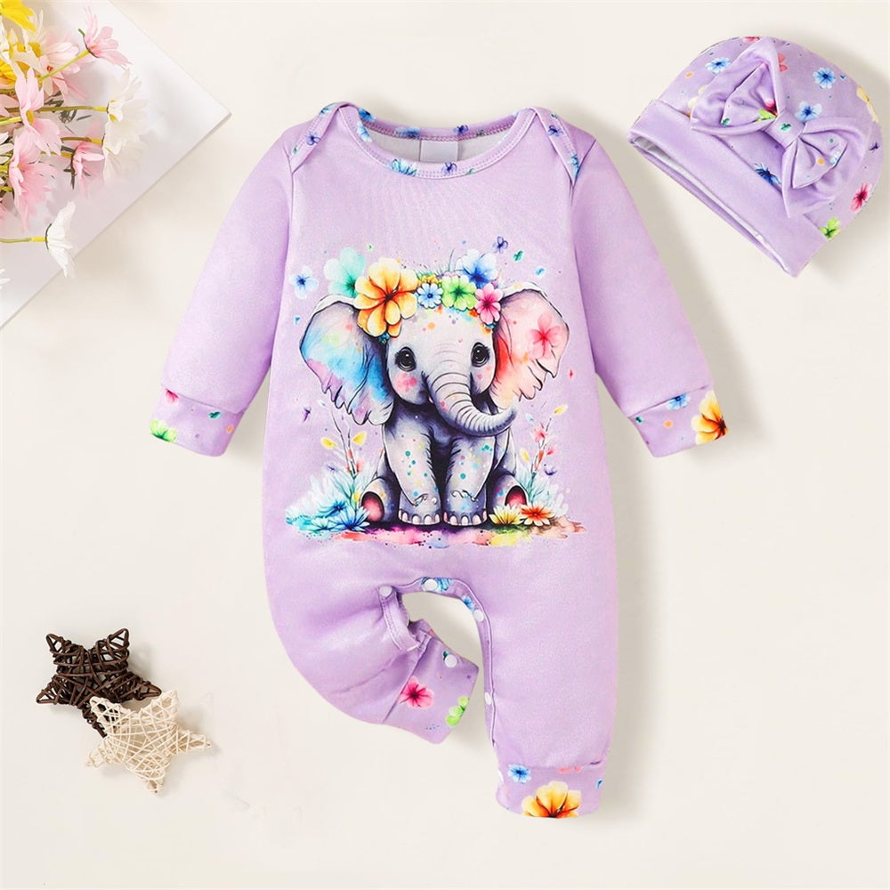 2PCS Elephant and Floral Print Long Sleeve Baby Jumpsuit