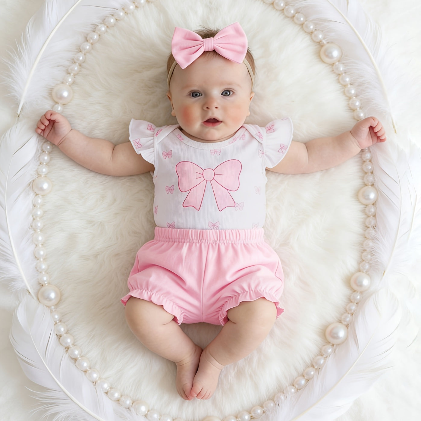 3PCS Charming Bow Print Flounce Sleeve Baby Set