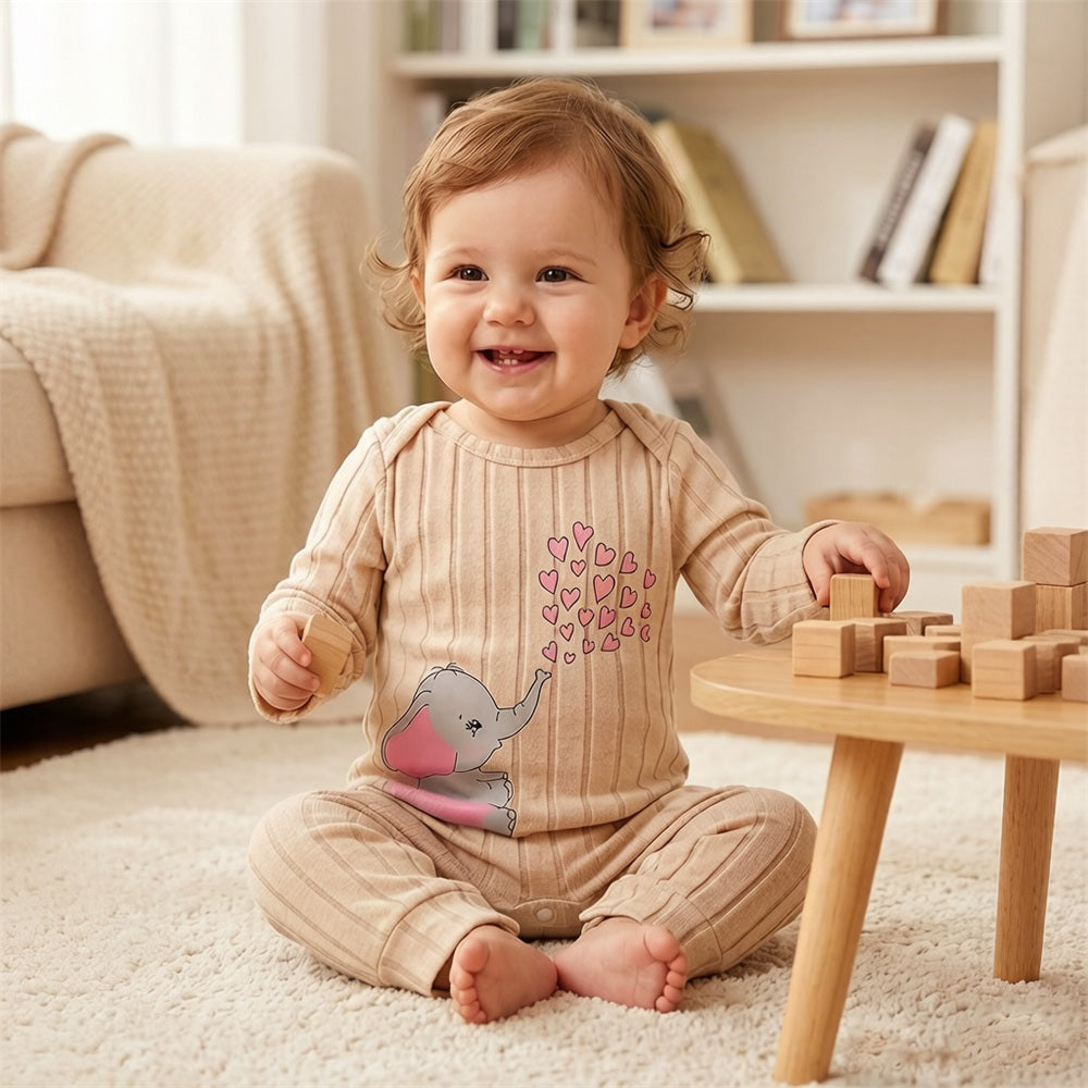 2PCS Lovely Elephant Print Long Sleeve Baby Jumpsuit