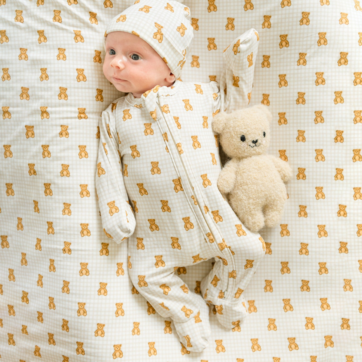 2PCS Bear Plaid Printed Long Sleeve Zipper Baby Jumpsuit