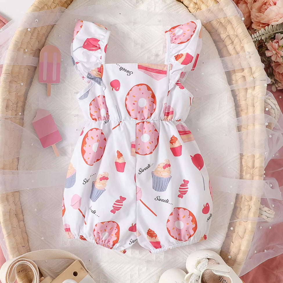 Sweet Letter Cake & Donut Printed Flounce Sleeve Baby Jumpsuit