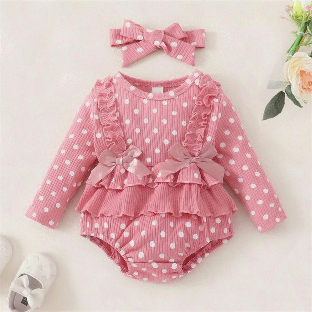 2PCS Bubbly Polka Dots Printed Long Sleeve Ruffle Baby Romper