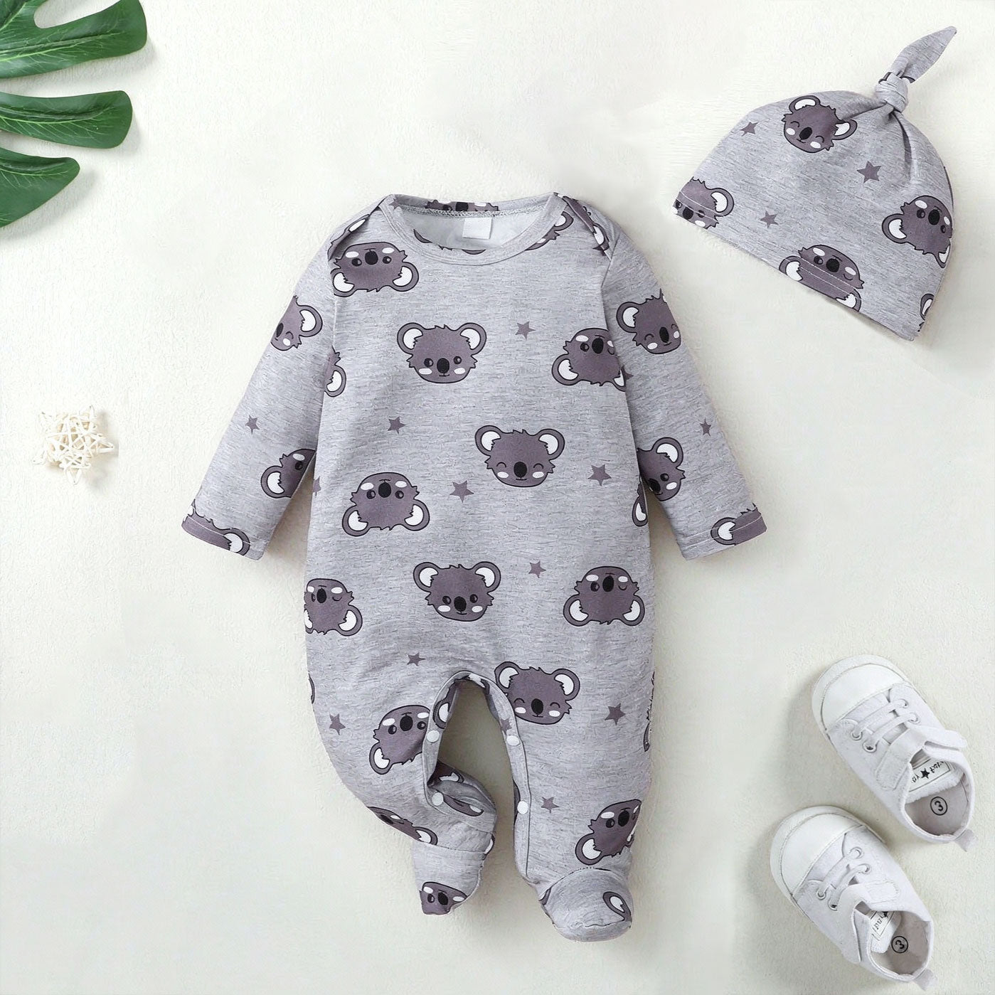 2PCS Adorable Cartoon Koala Printed Long Sleeve Baby Jumpsuit
