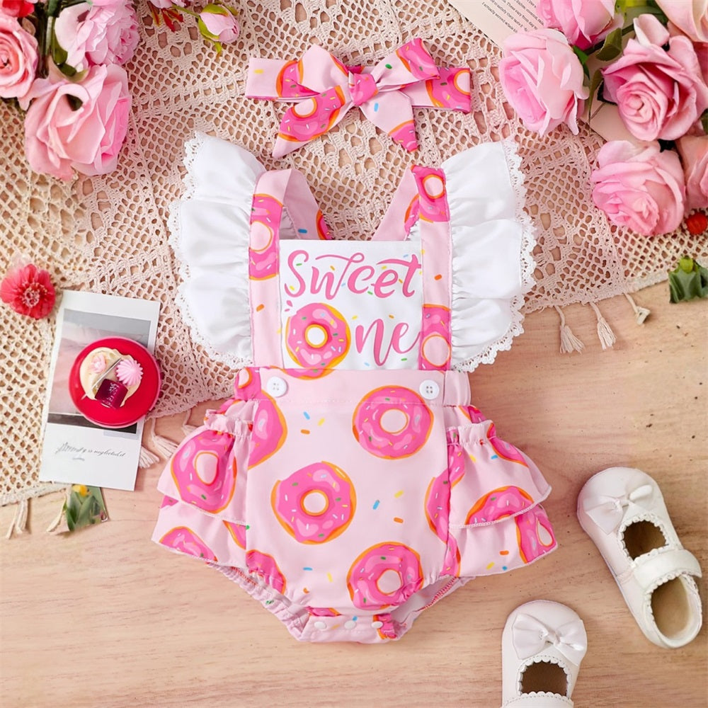2PCS Sweet One Letter Donut Printed Fly Sleeve Baby Romper