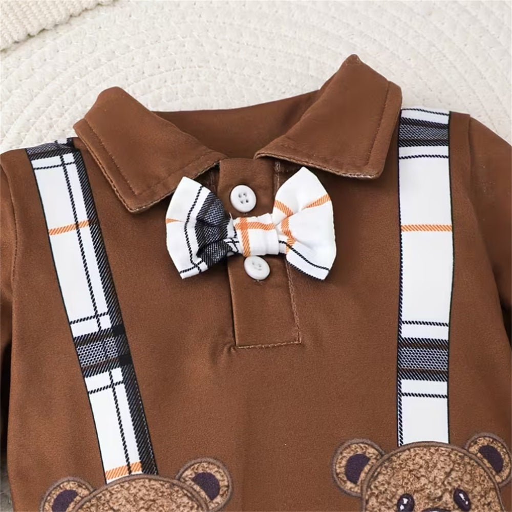 3PCS Casual Bear Embroidery Plaid Long Sleeve Baby Set