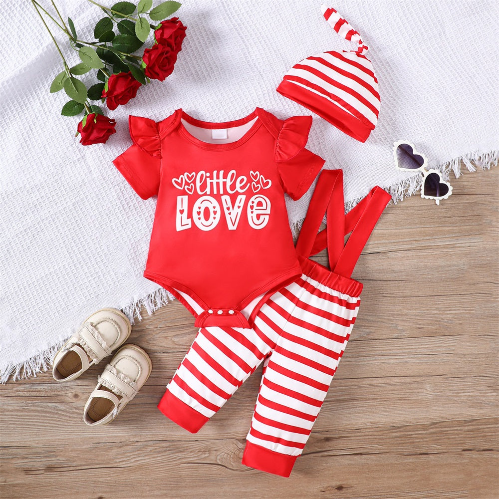 3PCS Little Love Letter Print Striped Short Sleeve Baby Set