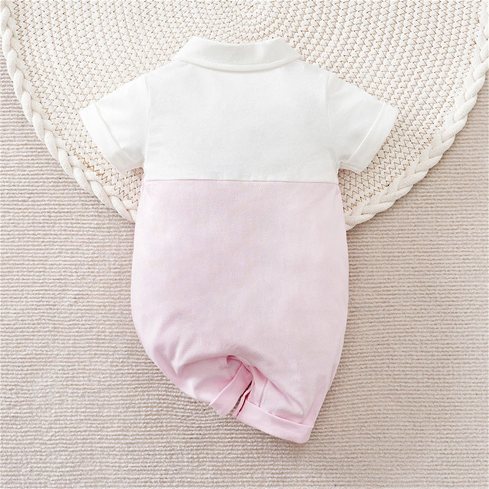 Sweet Pink Lapel Short Sleeve Baby Jumpsuit