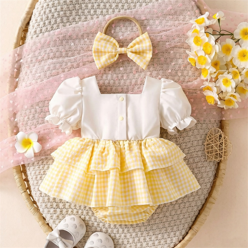 2PCS Grace Floral Embroidery Plaid Print Short Sleeve Baby Romper