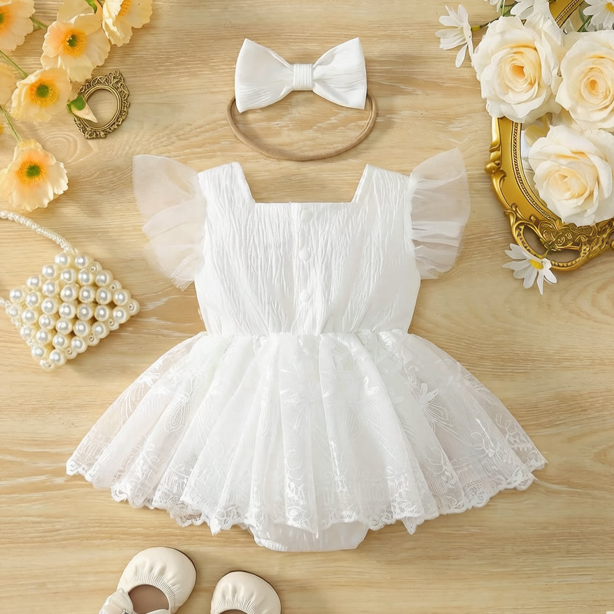 2PCS Gorgeous Solid Color Floral Embroidery Baby Romper