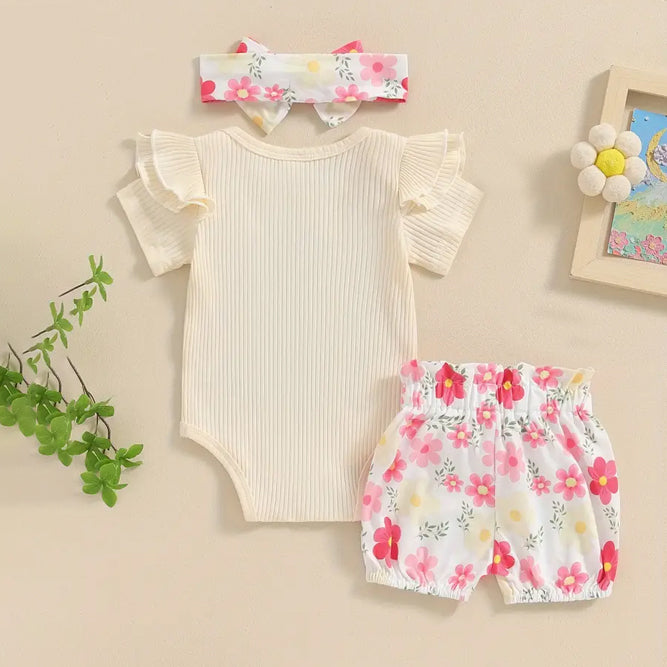 3PCS Little Sister Letter Floral Printed Baby Set