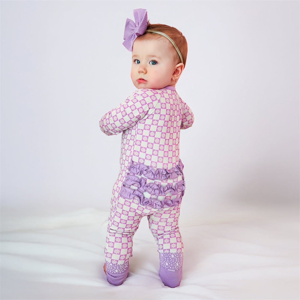 Cute Floral Print Plaid Ruffle Long Sleeve Baby Jumpsuit