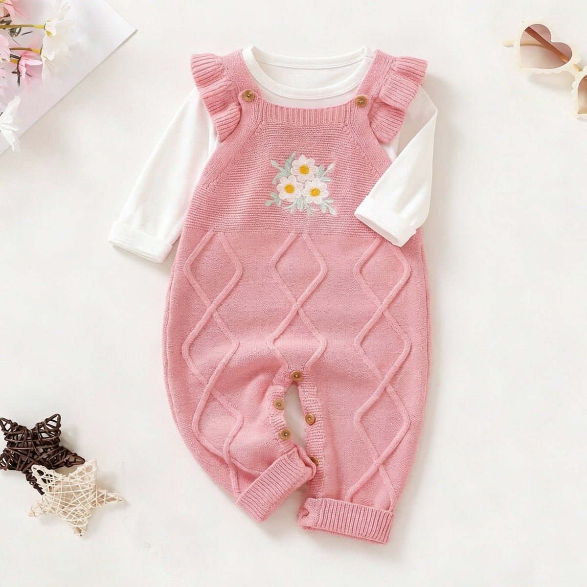 2PCS Grace Floral Embroidered Long Sleeve Knit Baby Girl Overalls Set