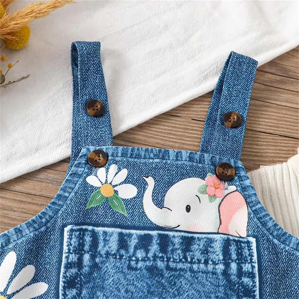 Cute Animal Printed Denim Baby Overalls