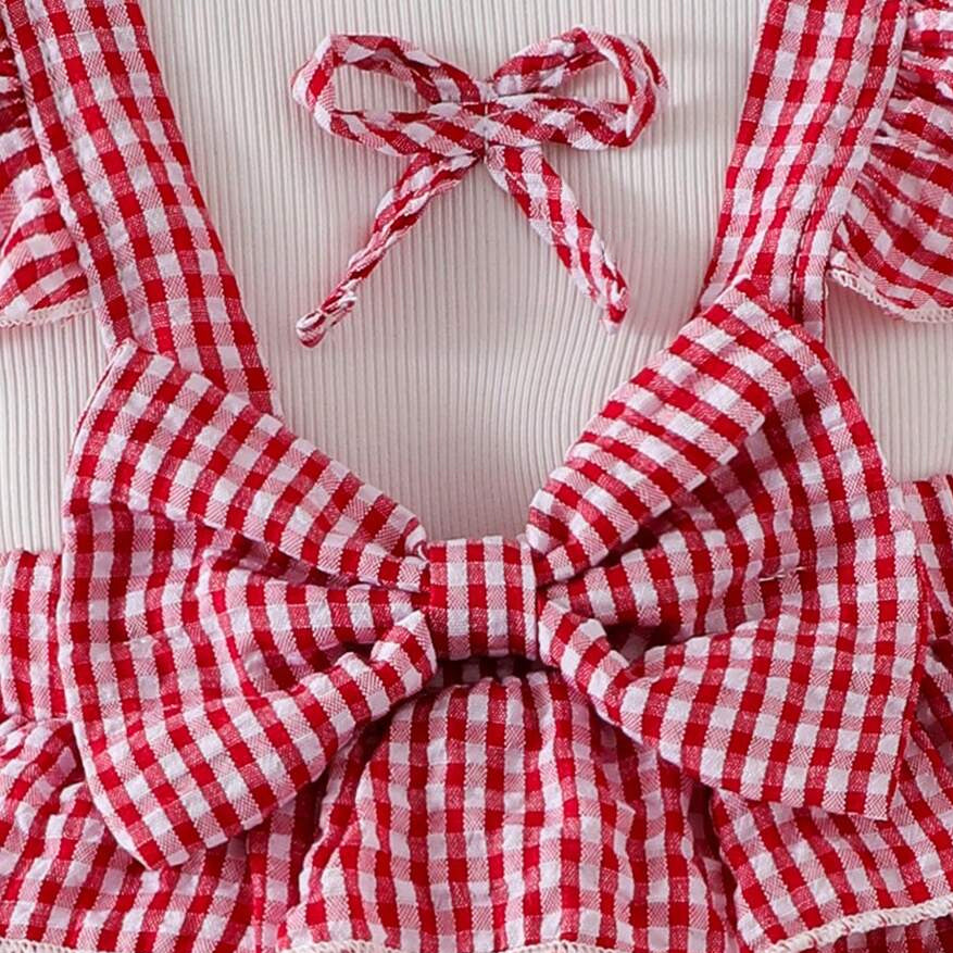 3PCS Cheerful Plaid Print Strawberry Appliqué Baby Set