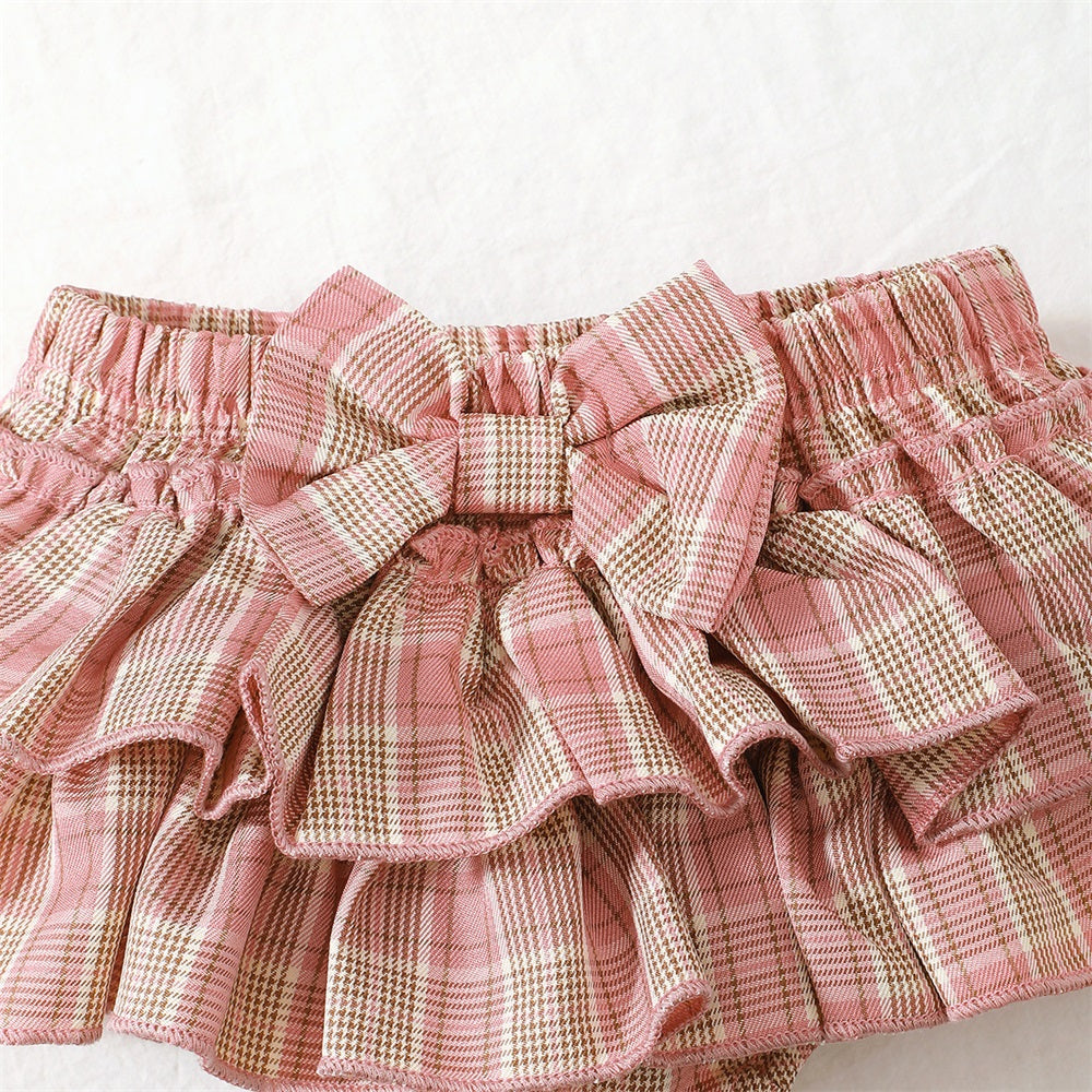 3PCS Sweet Plaid Print Ruffle Short Sleeve Baby Set