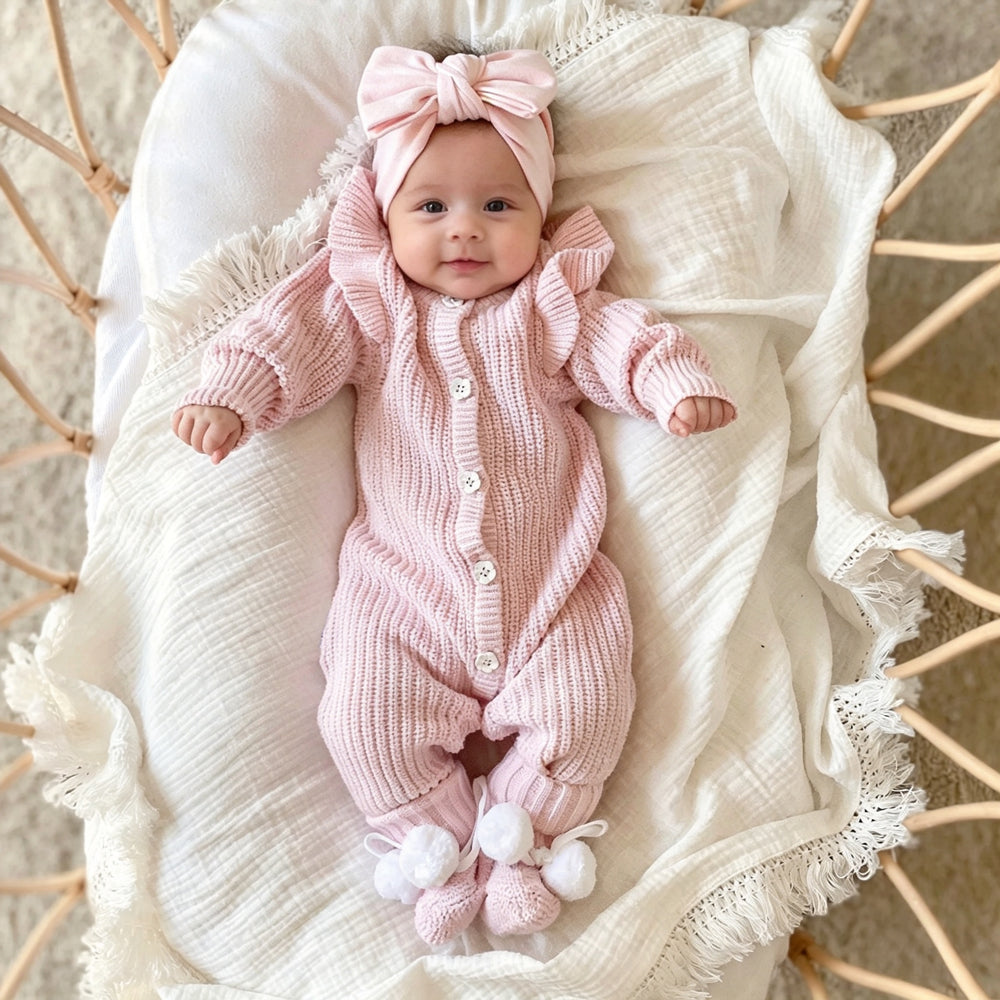 Comfy Solid Color Warm Knit Long Sleeve Baby Jumpsuit