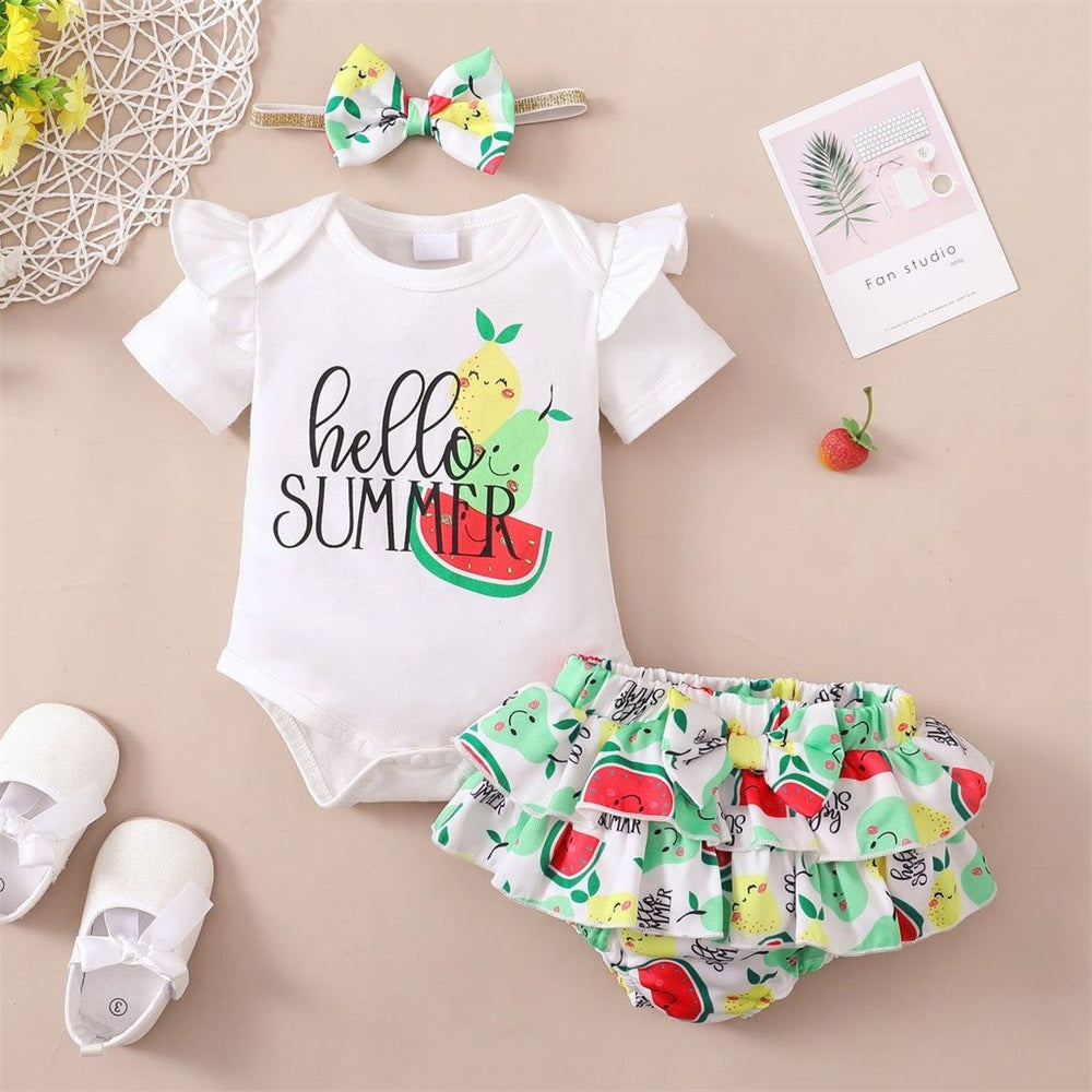 3PCS Hello Summer Letter Fruit Printed Short Sleeve Baby Set