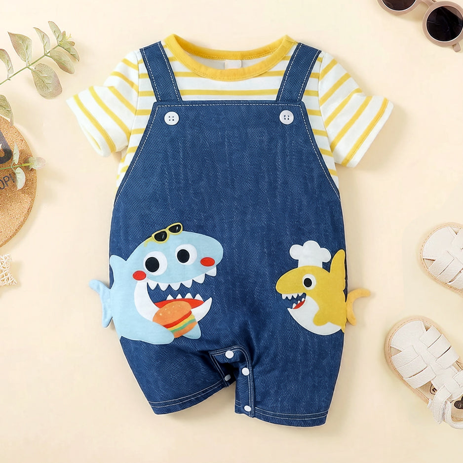 Stylish Shark Stripe Print Short Sleeve Baby Jumpsuit