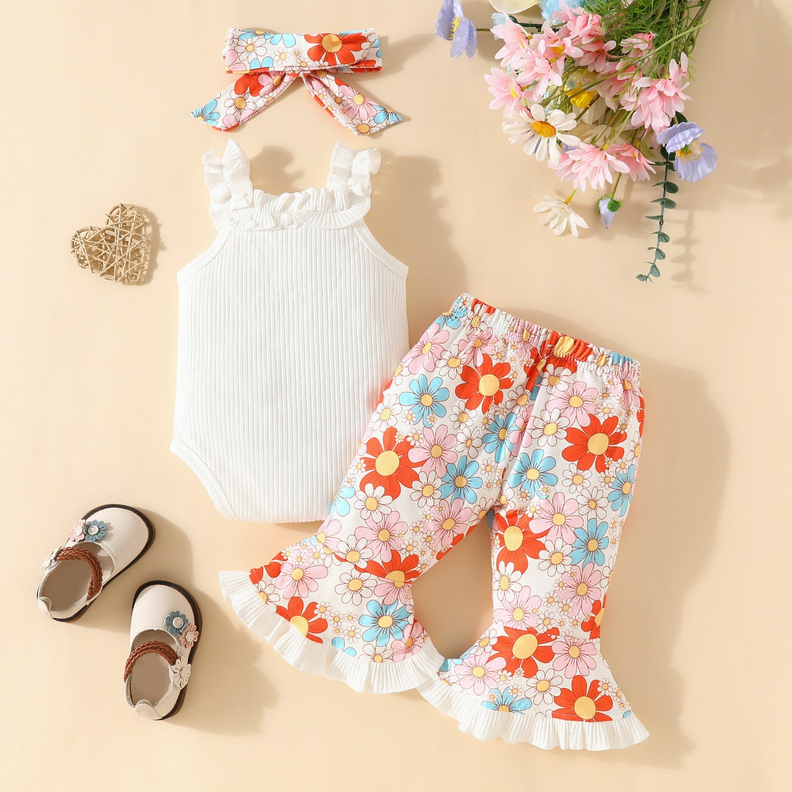 3PCS Happy Phrase Rainbow & Floral Print Sleeveless Baby Set