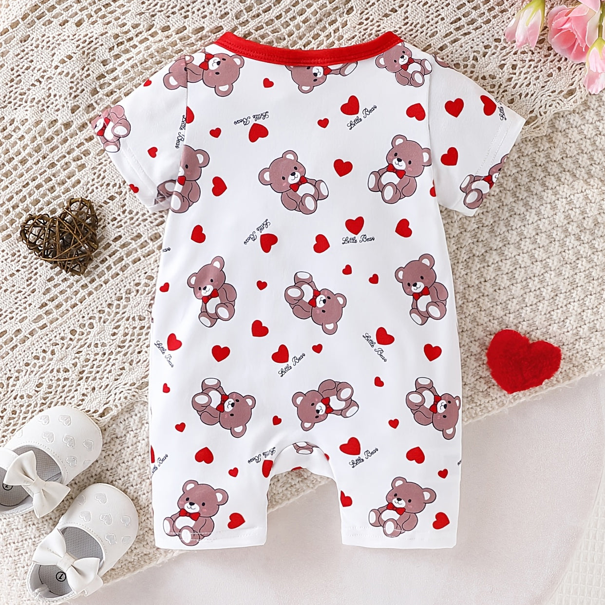 Cute Little Bear Letter Teddy Bear Print Short Sleeve Baby Jumpsuit