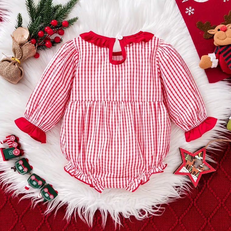 Lovely Christmas Tree Applique Plaid Printed Long Sleeve Baby Romper