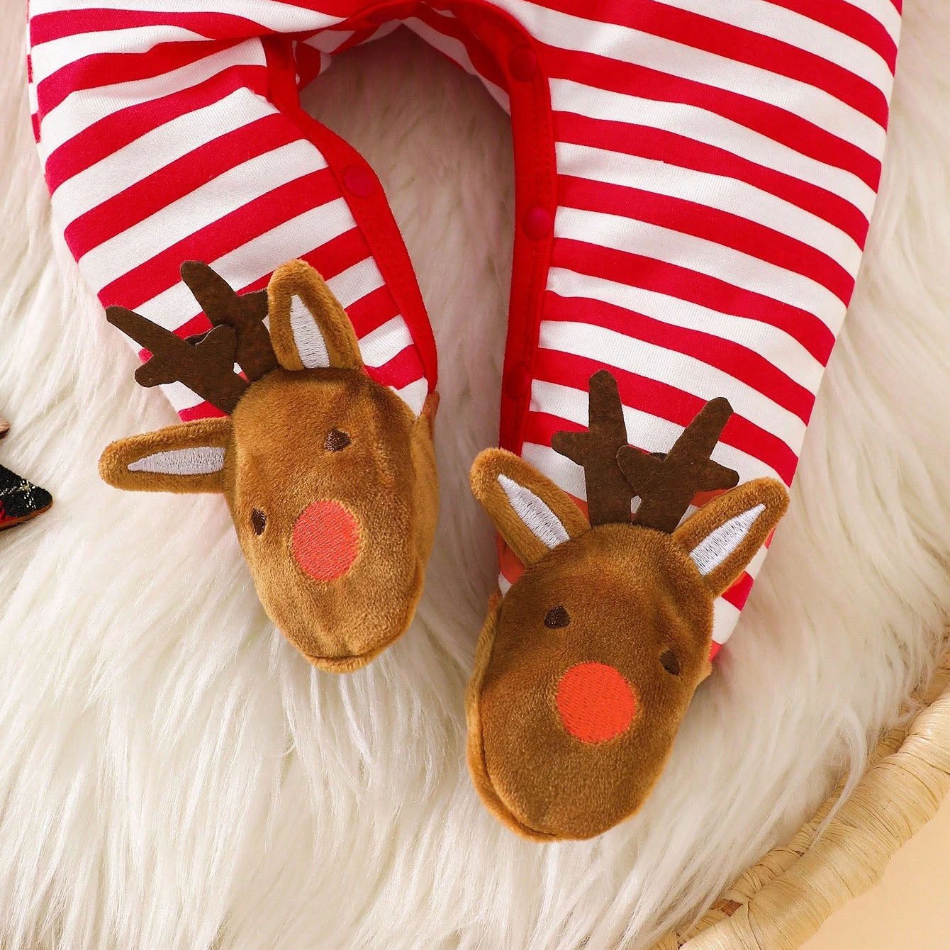 Christmas Deer Embroidery Stripe Printed Baby Jumpsuit