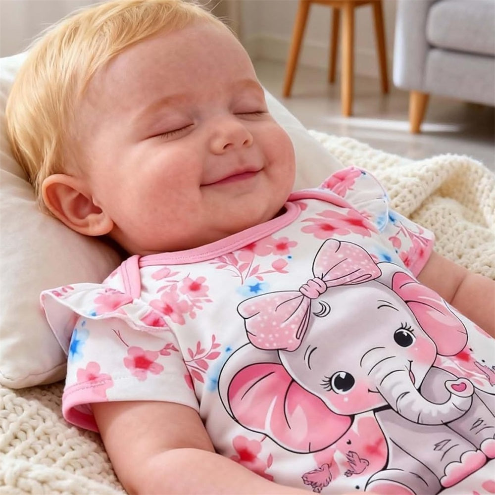 2PCS Lovely Floral Elephant Printed Short Sleeve Baby Jumpsuit
