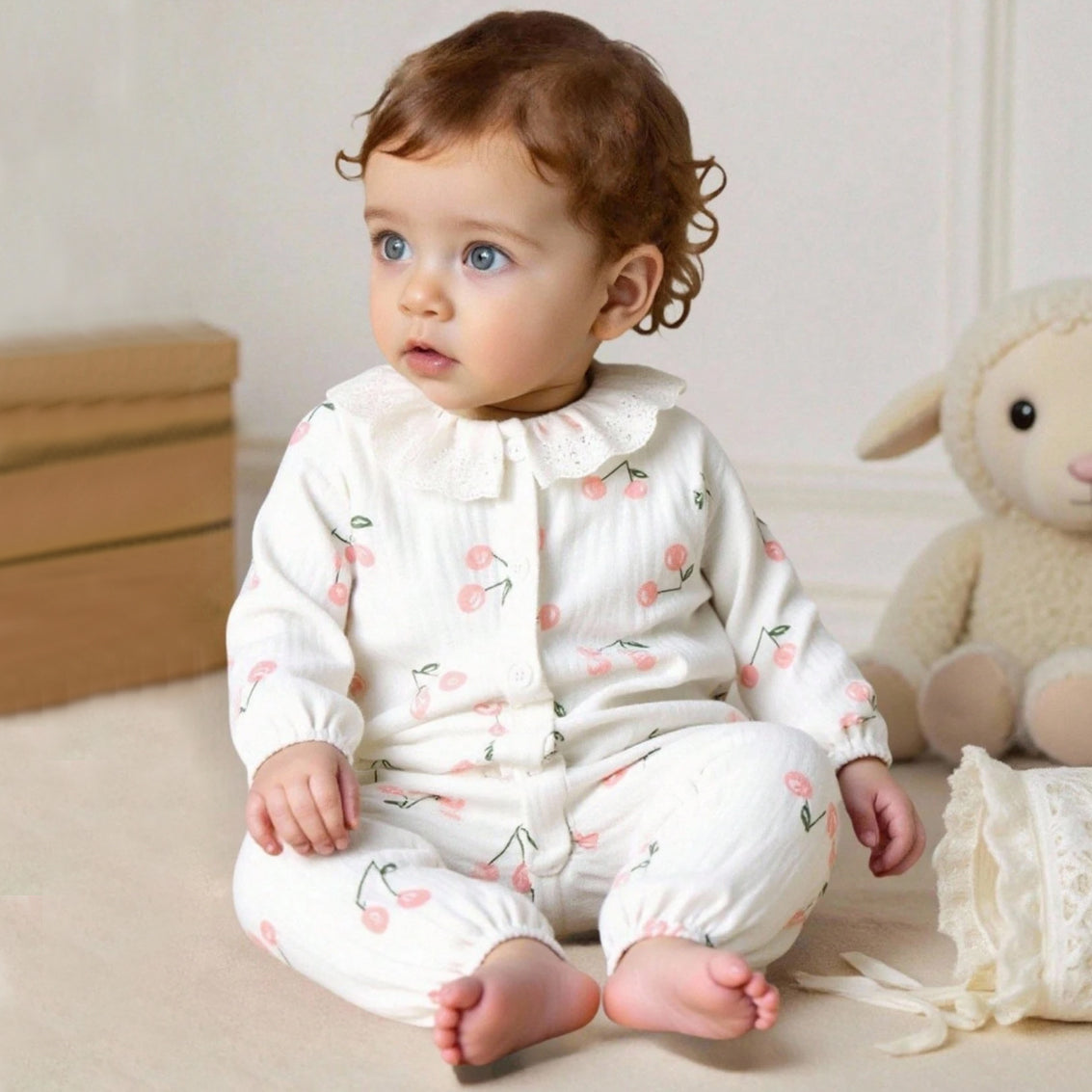 Cute Cherry Print Lace Collar Long Sleeve Baby Jumpsuit