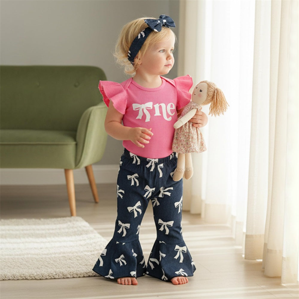 3PCS Stylish Bow Printed Fly Sleeve Baby Set