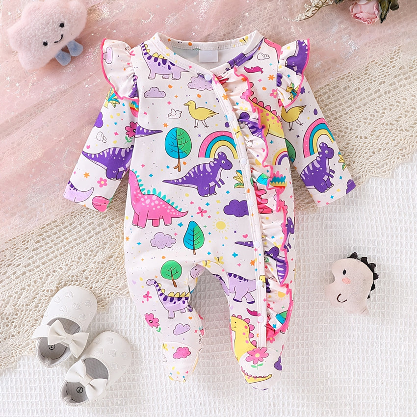 Unisex Baby Dinosaur Print Long Sleeve Ruffle Footed Romper