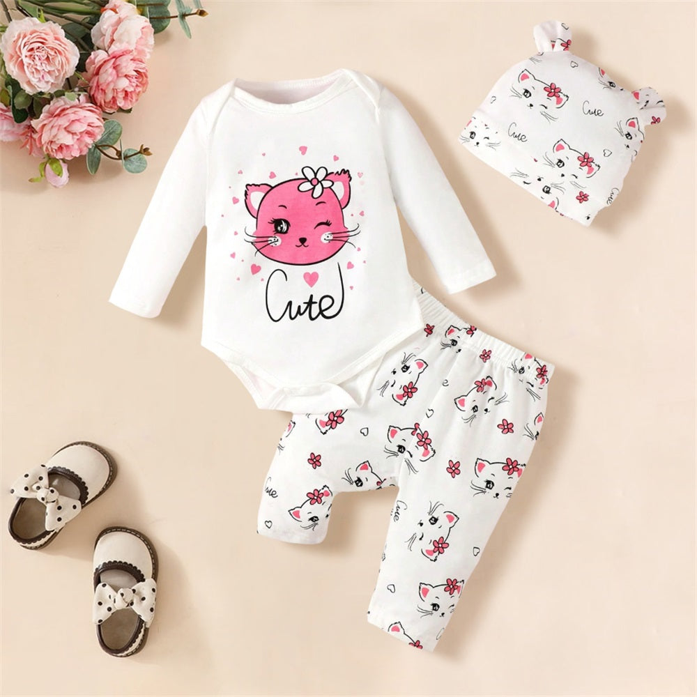 3PCS Adorable Cat Print Long Sleeve Baby Set