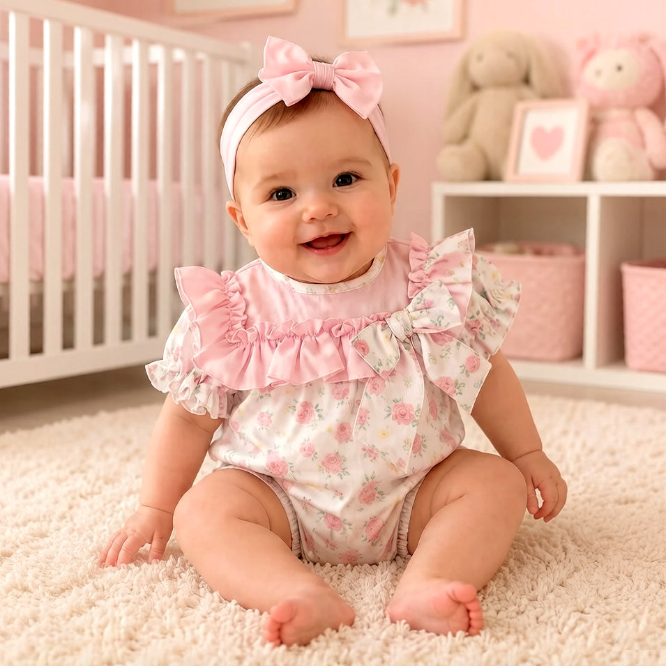 2PCS Sweet Floral Print Layered Ruffles Short Sleeve Baby Romper