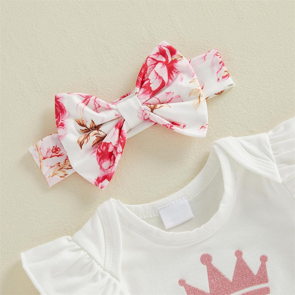 3PCS The Princess Has Arrived Letter Floral Print Short Sleeve Baby Set
