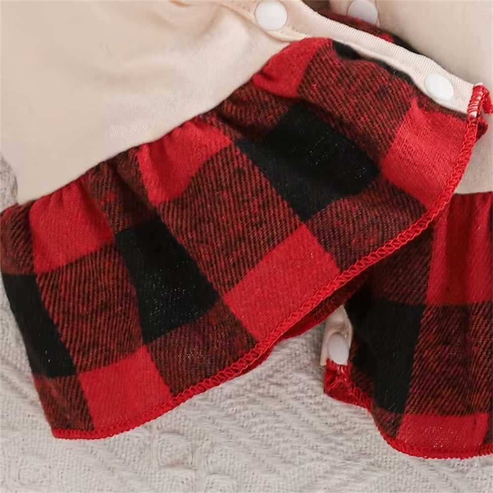 2PCS Merry Christmas Letter Plaid Print Long Sleeve Baby Jumpsuit