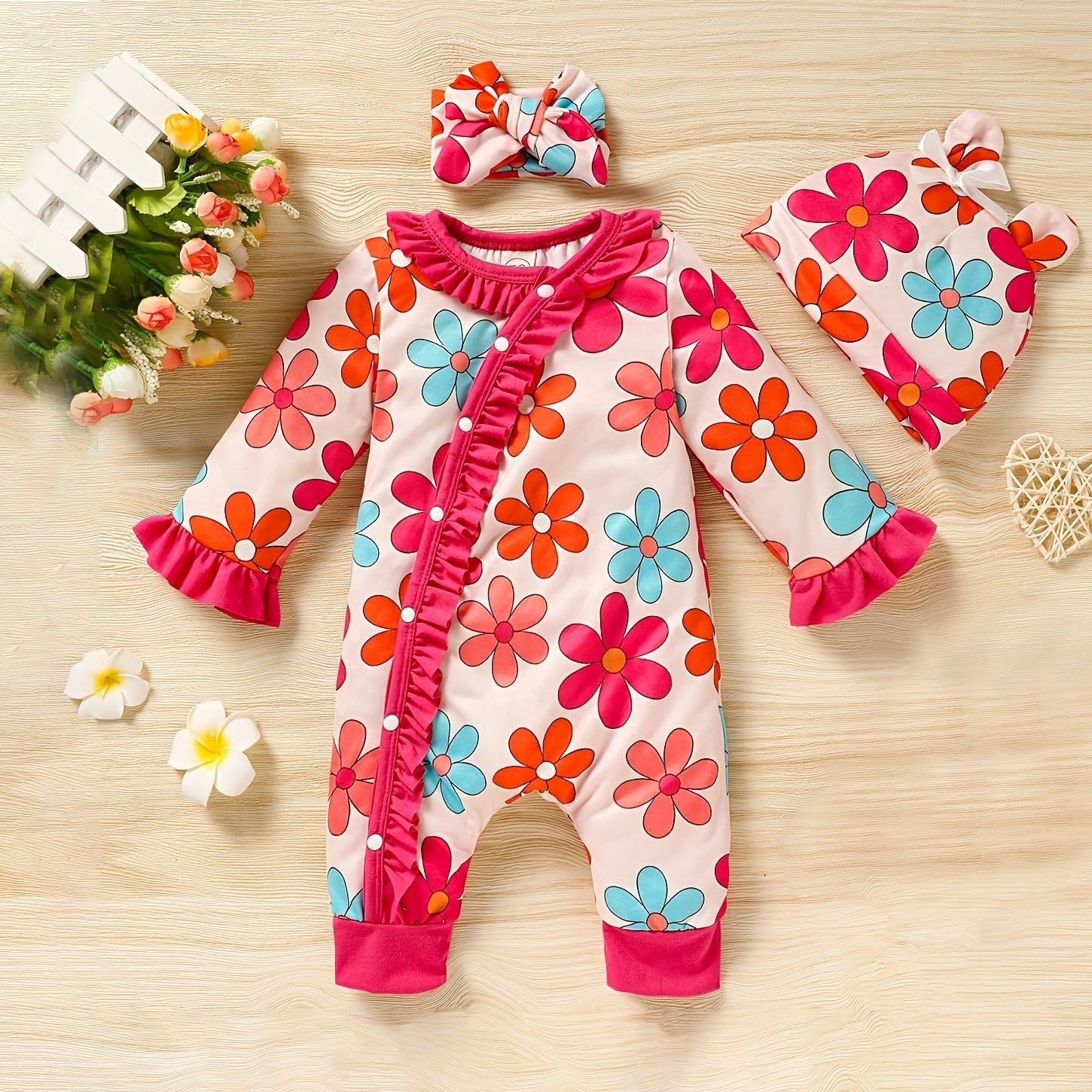 3PCS Vibrant Floral Printed Ruffle Long Sleeve Baby Jumpsuit