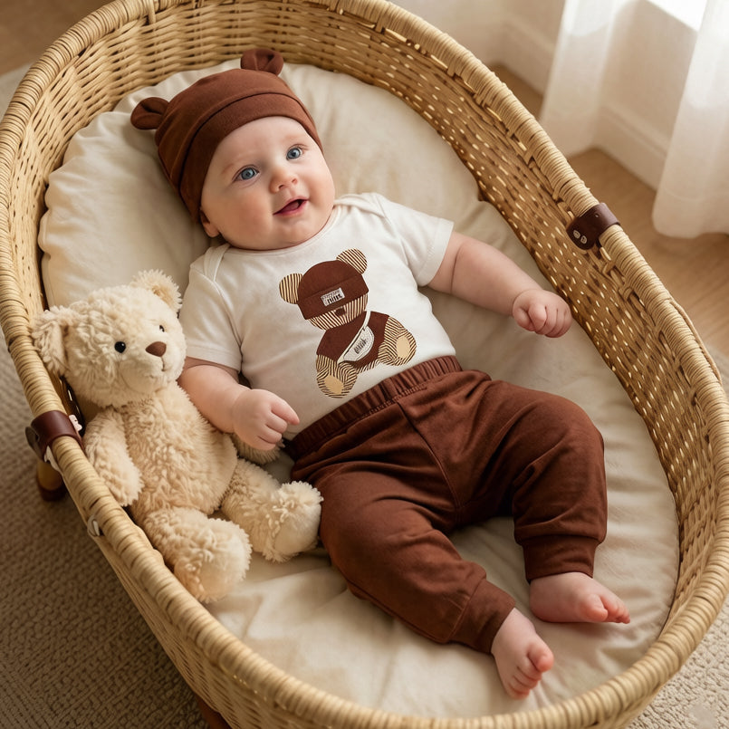 3PCS Swag Teddy Bear Print Short Sleeve Baby Boy Set