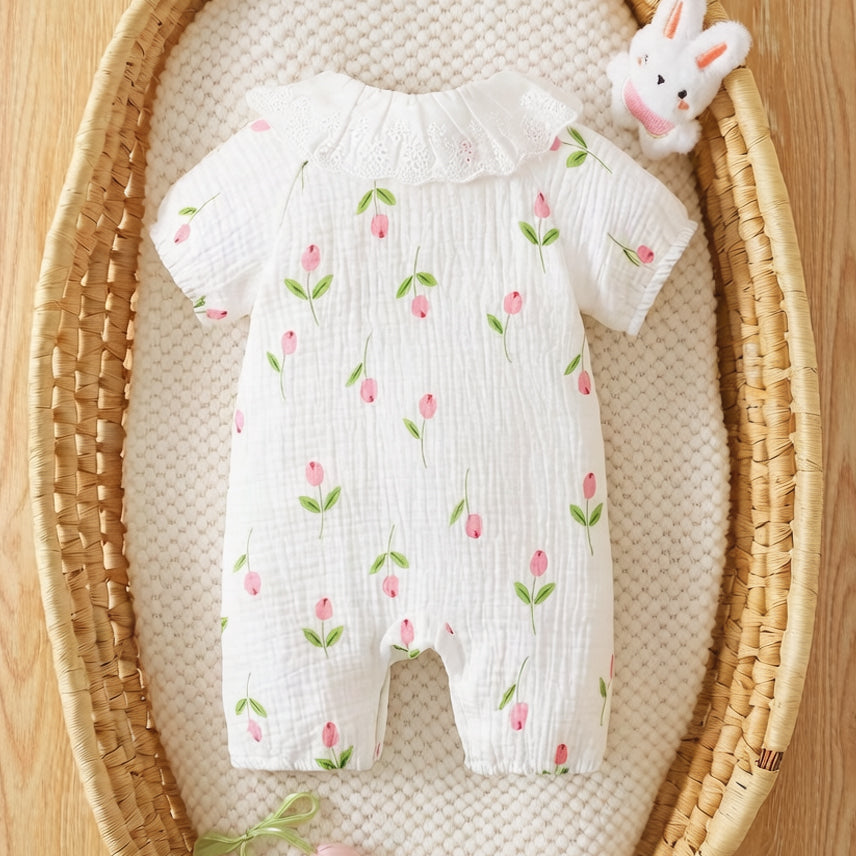 Classic Floral Print Eyelet Lace Short Sleeve Baby Jumpsuit