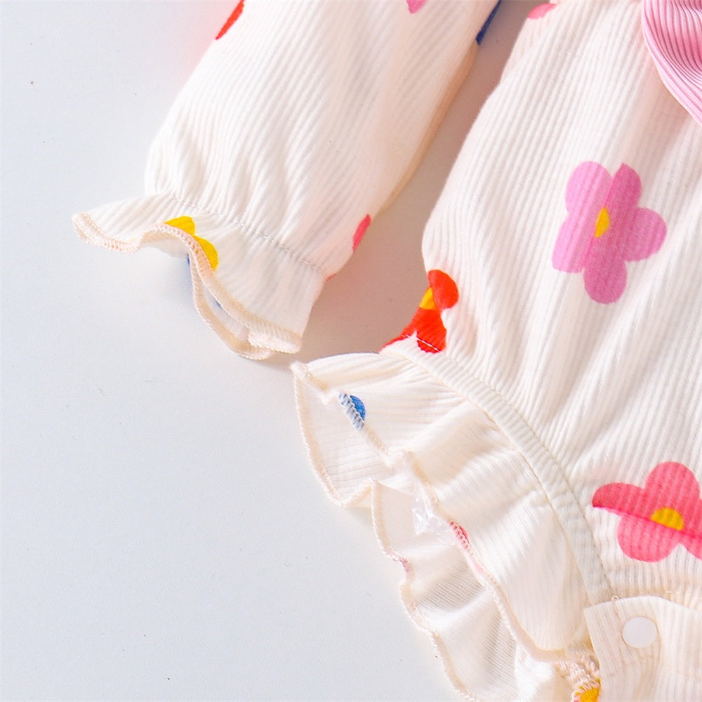 3PCS Refined Floral Printed Bow Baby Girl Romper