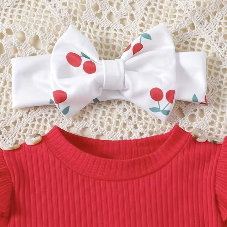 3PCS Sweet Cherry Print Long Sleeve Baby Romper