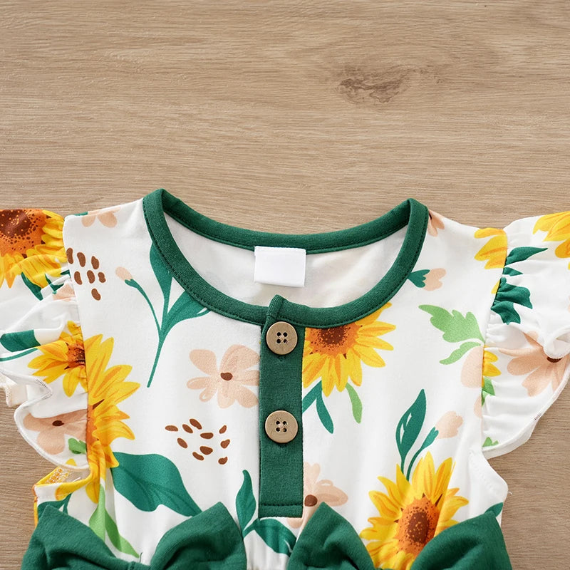 Fresh Sunflower Printed Flounce Sleeve Baby Jumpsuit
