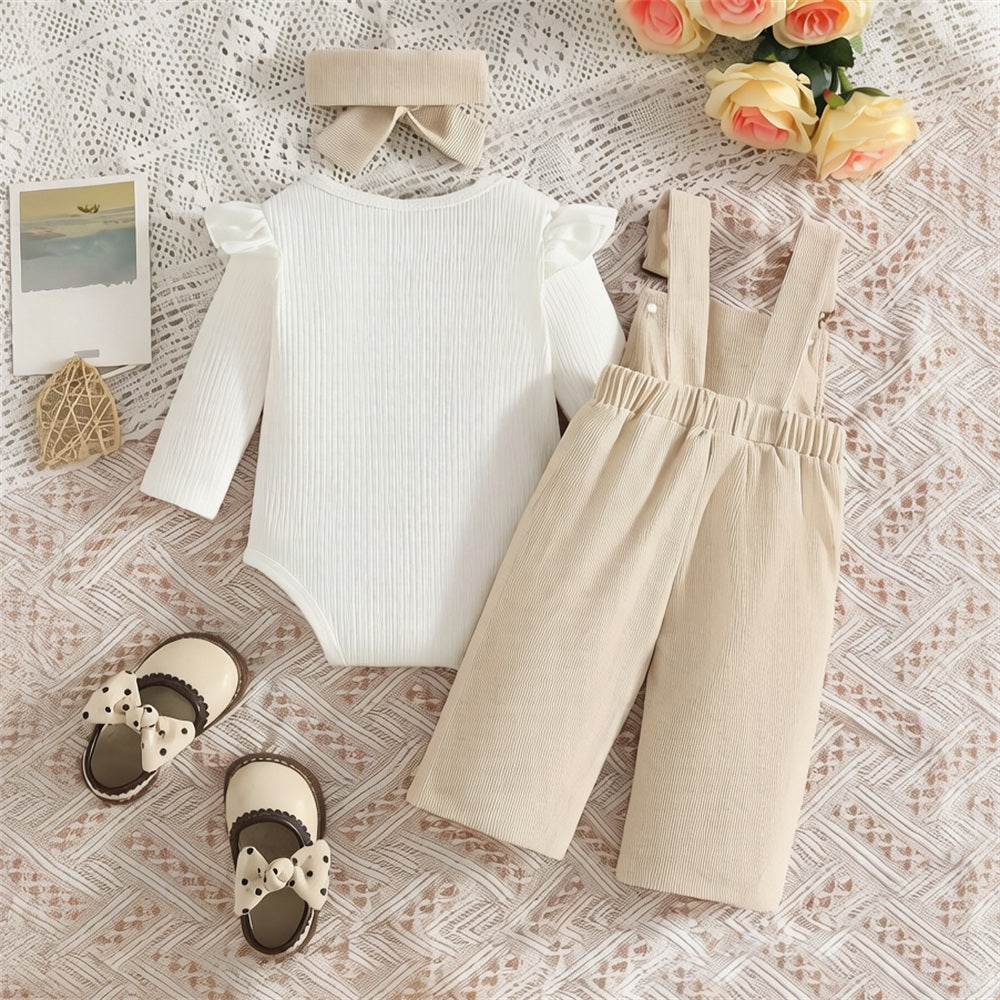 3PCS Lovely Bow Embroidery Long Sleeve Overalls Baby Set